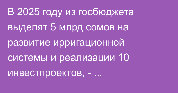 В 2025 году из госбюджета выделят 5 млрд сомов на развитие ирригационной системы и реализации 10 инвестпроектов, - Минсельхоз