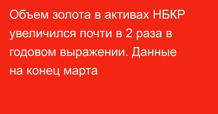 Объем золота в активах НБКР увеличился почти в 2 раза в годовом выражении. Данные на конец марта
