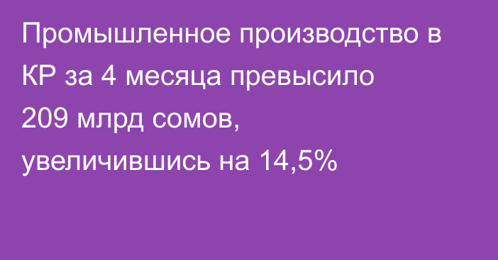 Промышленное производство в КР за 4 месяца превысило 209 млрд сомов, увеличившись на 14,5%