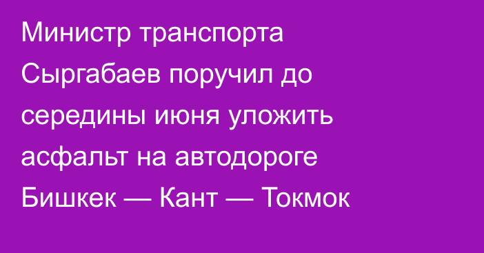 Министр транспорта Сыргабаев поручил до середины июня уложить асфальт на автодороге Бишкек — Кант — Токмок