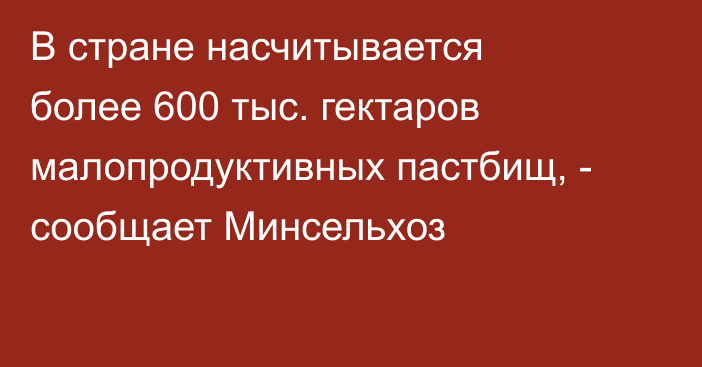 В стране насчитывается более 600 тыс. гектаров малопродуктивных пастбищ, - сообщает Минсельхоз