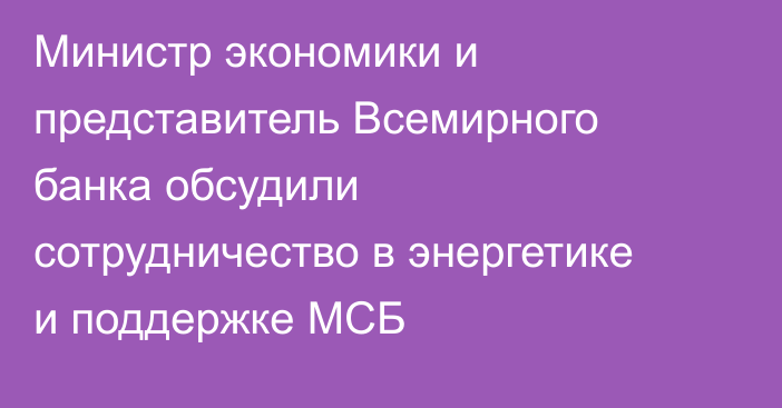 Министр экономики и представитель Всемирного банка обсудили сотрудничество в энергетике и поддержке МСБ