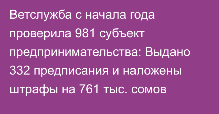 Ветслужба с начала года проверила 981 субъект предпринимательства: Выдано 332 предписания и наложены штрафы на 761 тыс. сомов