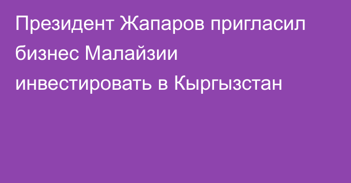 Президент Жапаров пригласил бизнес Малайзии инвестировать в Кыргызстан