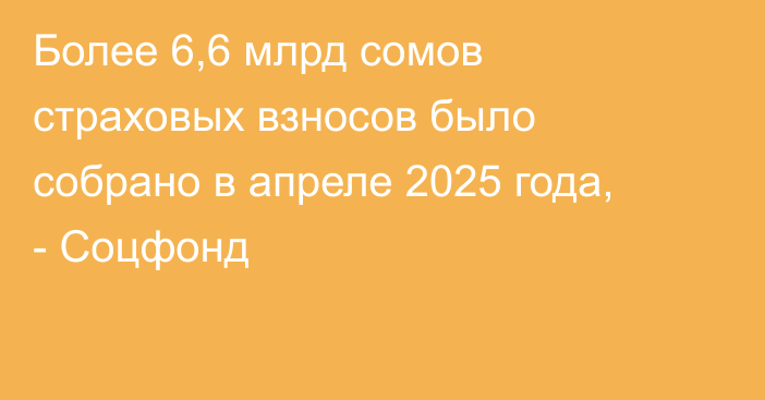 Более 6,6 млрд сомов страховых взносов было собрано в апреле 2025 года, - Соцфонд