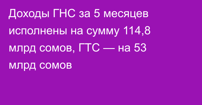 Доходы ГНС за 5 месяцев исполнены на сумму 114,8 млрд сомов, ГТС — на 53 млрд сомов
