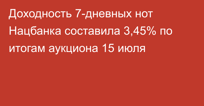 Доходность 7-дневных нот Нацбанка составила 3,45% по итогам аукциона 15 июля