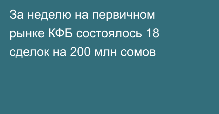 За неделю на первичном рынке КФБ состоялось 18 сделок на 200 млн сомов