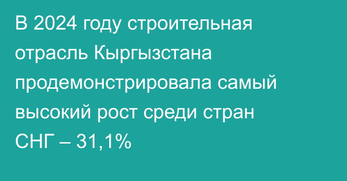 В 2024 году строительная отрасль Кыргызстана продемонстрировала самый высокий рост среди стран СНГ – 31,1%