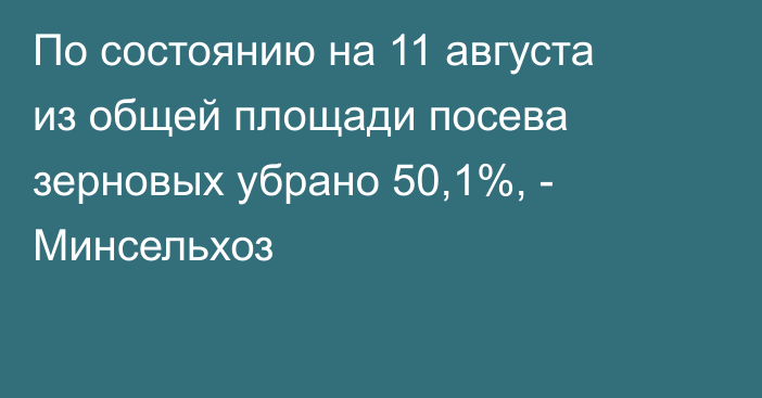 По состоянию на 11 августа из общей площади посева зерновых убрано 50,1%, - Минсельхоз 