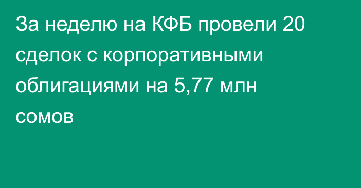 За неделю на КФБ провели 20 сделок с корпоративными облигациями на 5,77 млн сомов