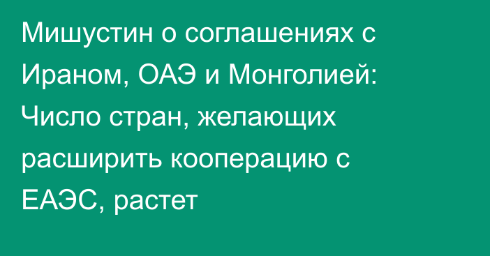 Мишустин о соглашениях с Ираном, ОАЭ и Монголией: Число стран, желающих расширить кооперацию с ЕАЭС, растет