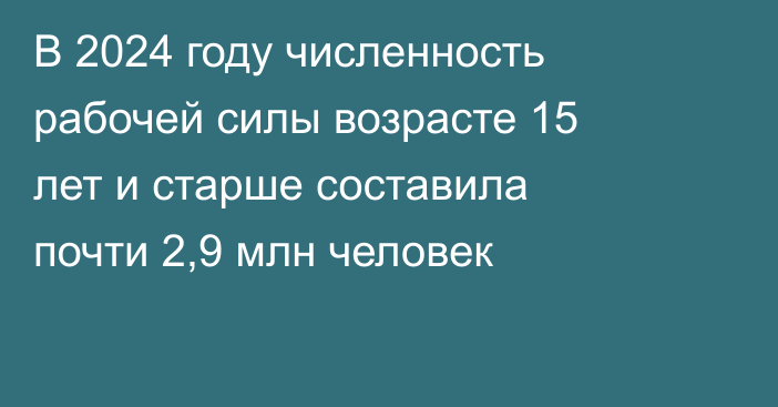 В 2024 году численность рабочей силы возрасте 15 лет и старше составила почти 2,9 млн человек