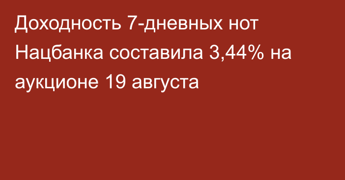 Доходность 7-дневных нот Нацбанка составила 3,44% на аукционе 19 августа