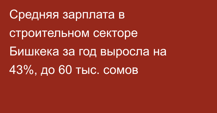 Средняя зарплата в строительном секторе Бишкека за год выросла на 43%, до 60 тыс. сомов