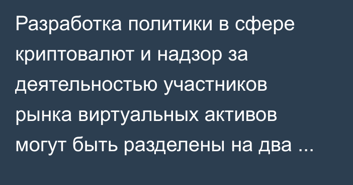 Разработка политики в сфере криптовалют и надзор за деятельностью участников рынка виртуальных активов могут быть разделены на два ведомства