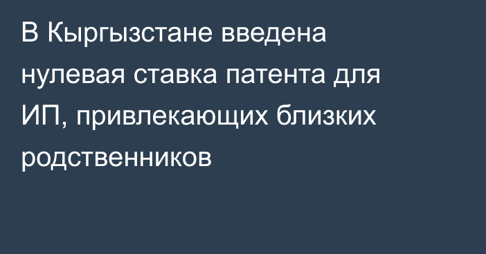 В Кыргызстане введена нулевая ставка патента для ИП, привлекающих близких родственников