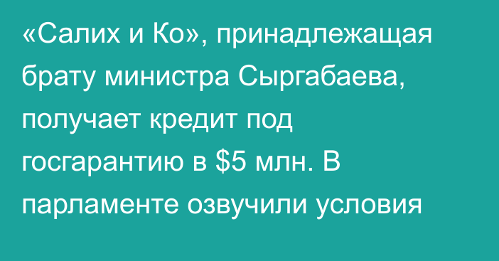 «Салих и Ко», принадлежащая брату министра Сыргабаева, получает кредит под госгарантию в $5 млн. В парламенте озвучили условия