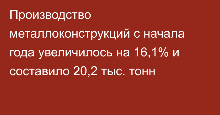 Производство металлоконструкций с начала года увеличилось на 16,1% и составило 20,2 тыс. тонн