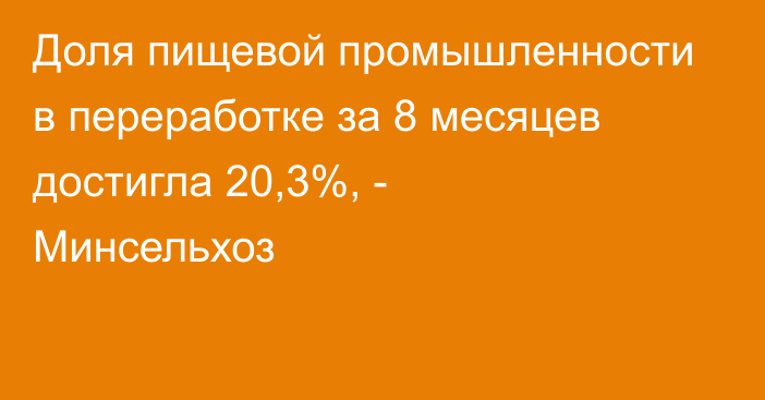 Доля пищевой промышленности в переработке за 8 месяцев достигла 20,3%, - Минсельхоз