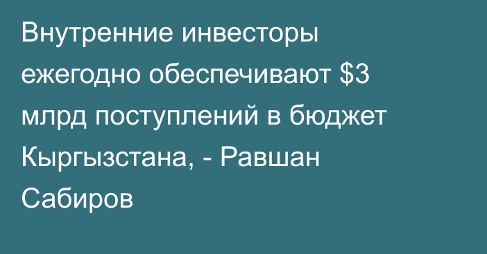 Внутренние инвесторы ежегодно обеспечивают $3 млрд поступлений в бюджет Кыргызстана, - Равшан Сабиров