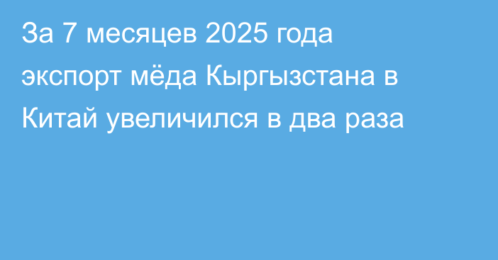 За 7 месяцев 2025 года экспорт мёда Кыргызстана в Китай увеличился в два раза 