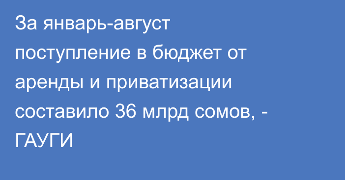 За январь-август поступление в бюджет от аренды и приватизации составило 36 млрд сомов, - ГАУГИ