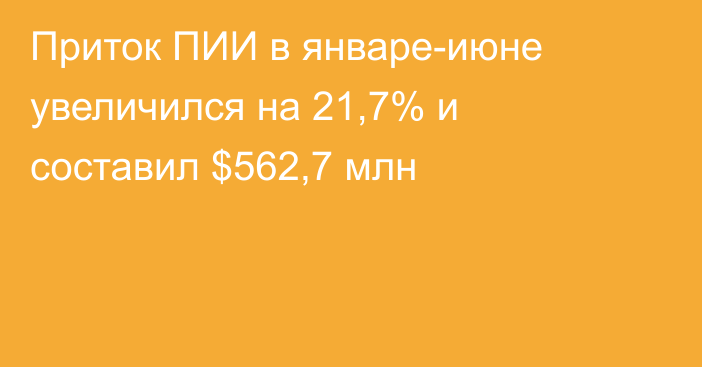 Приток ПИИ в январе-июне увеличился на 21,7% и составил $562,7 млн