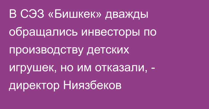 В СЭЗ «Бишкек» дважды обращались инвесторы по производству детских игрушек, но им отказали, - директор Ниязбеков