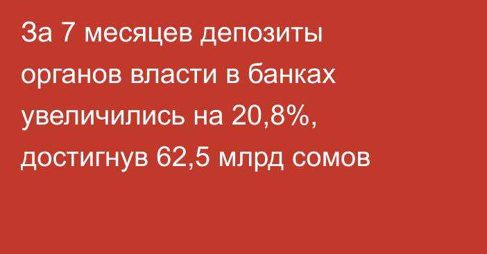 За 7 месяцев депозиты органов власти в банках увеличились на 20,8%, достигнув 62,5 млрд сомов