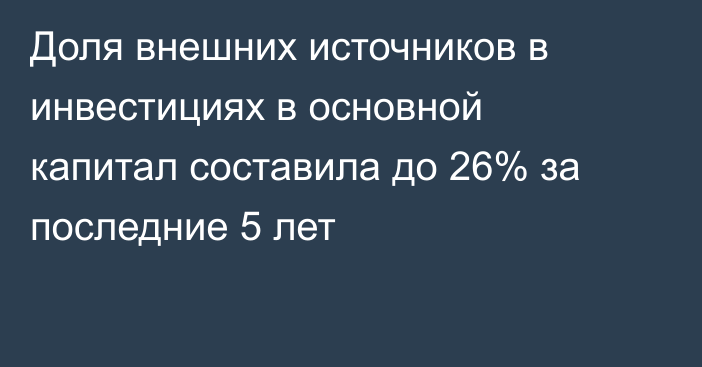 Доля внешних источников в инвестициях в основной капитал составила до 26% за последние 5 лет