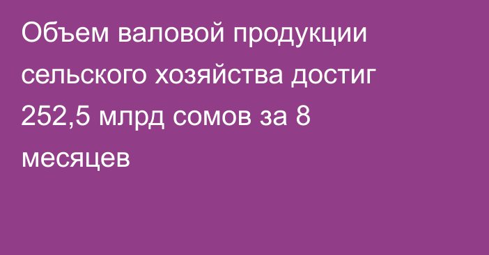 Объем валовой продукции сельского хозяйства достиг 252,5 млрд сомов за 8 месяцев
