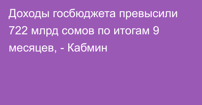Доходы госбюджета превысили 722 млрд сомов по итогам 9 месяцев, - Кабмин