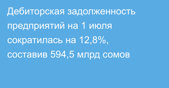 Дебиторская задолженность предприятий на 1 июля сократилась на 12,8%, составив 594,5 млрд сомов