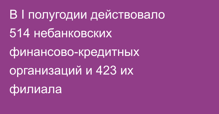 В I полугодии действовало 514 небанковских финансово-кредитных организаций и 423 их филиала
