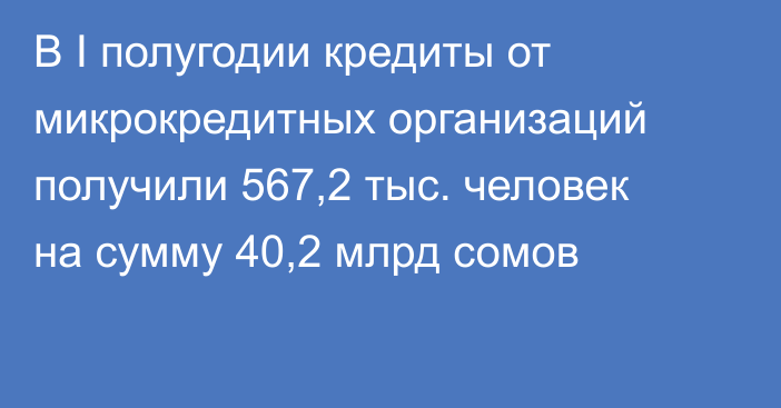 В I полугодии кредиты от микрокредитных организаций получили 567,2 тыс. человек на сумму 40,2 млрд сомов