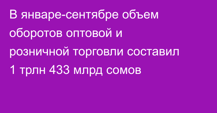 В январе-сентябре объем оборотов оптовой и розничной торговли составил 1 трлн 433 млрд сомов