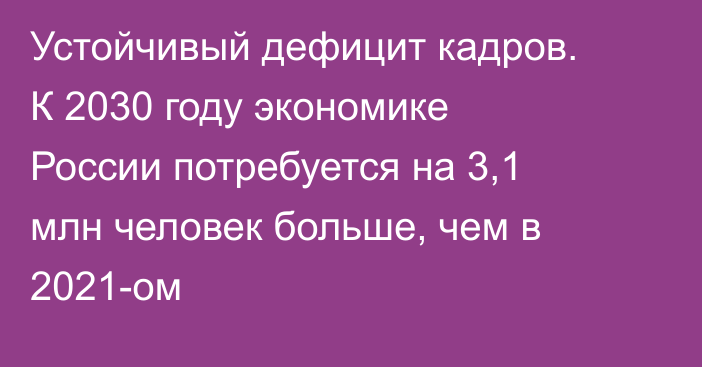 Устойчивый дефицит кадров. К 2030 году экономике России потребуется на 3,1 млн человек больше, чем в 2021-ом