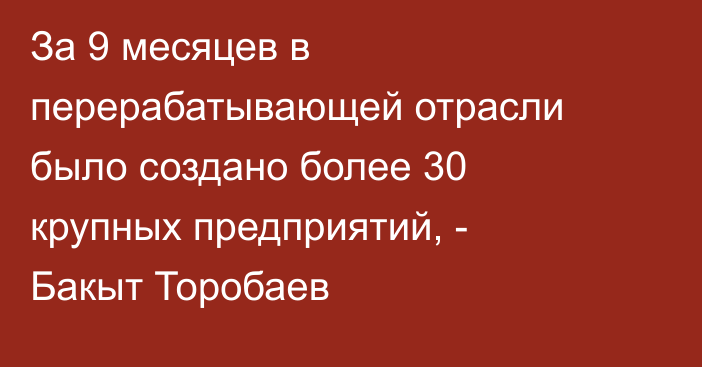 За 9 месяцев в перерабатывающей отрасли было создано более 30 крупных предприятий, - Бакыт Торобаев
