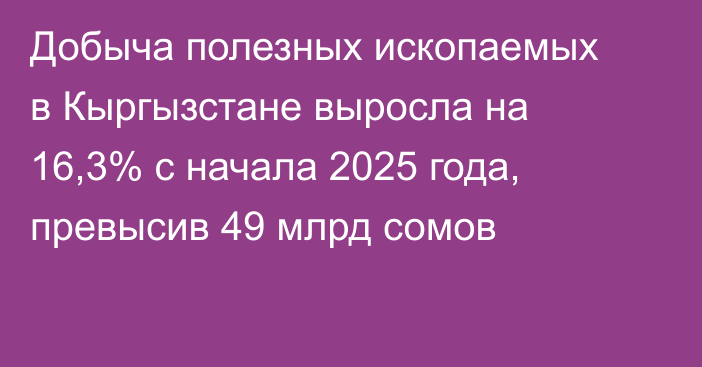 Добыча полезных ископаемых в Кыргызстане выросла на 16,3% с начала 2025 года, превысив 49 млрд сомов