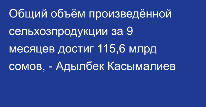 Общий объём произведённой сельхозпродукции за 9 месяцев достиг 115,6 млрд сомов, - Адылбек Касымалиев