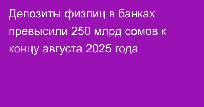Депозиты физлиц в банках превысили 250 млрд сомов к концу августа 2025 года
