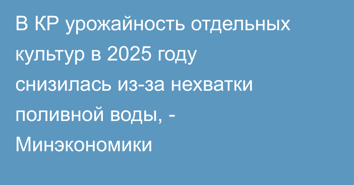 В КР урожайность отдельных культур в 2025 году снизилась из-за нехватки поливной воды, - Минэкономики