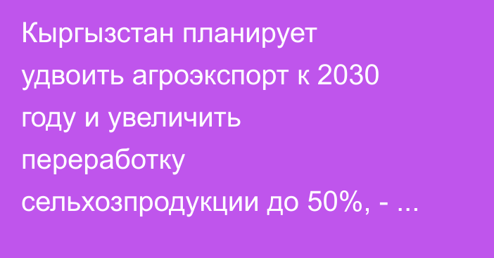 Кыргызстан планирует удвоить агроэкспорт к 2030 году и увеличить переработку сельхозпродукции до 50%, - АПК
