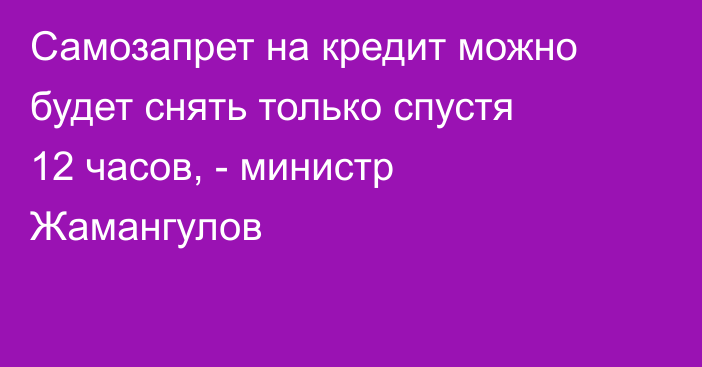 Самозапрет на кредит можно будет снять только спустя 12 часов, - министр Жамангулов