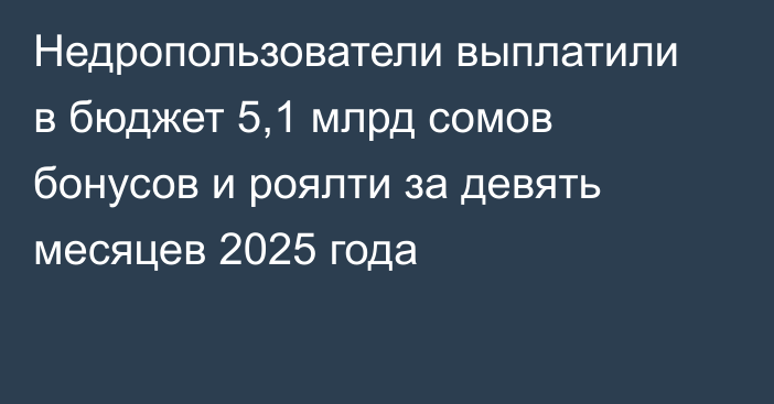 Недропользователи выплатили в бюджет 5,1 млрд сомов бонусов и роялти за девять месяцев 2025 года