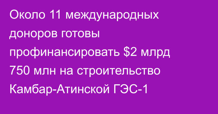 Около 11 международных доноров готовы профинансировать $2 млрд 750 млн на строительство Камбар-Атинской ГЭС-1