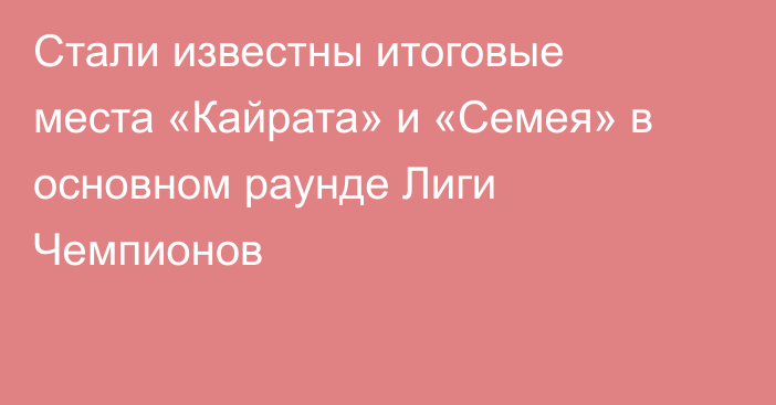 Стали известны итоговые места «Кайрата» и «Семея» в основном раунде Лиги Чемпионов