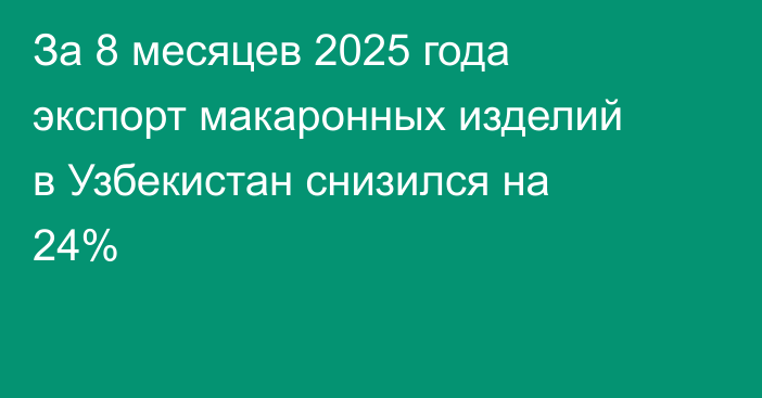 За 8 месяцев 2025 года экспорт макаронных изделий в Узбекистан снизился на 24%