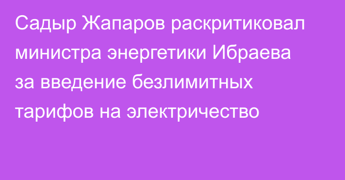 Садыр Жапаров раскритиковал министра энергетики Ибраева за введение безлимитных тарифов на электричество